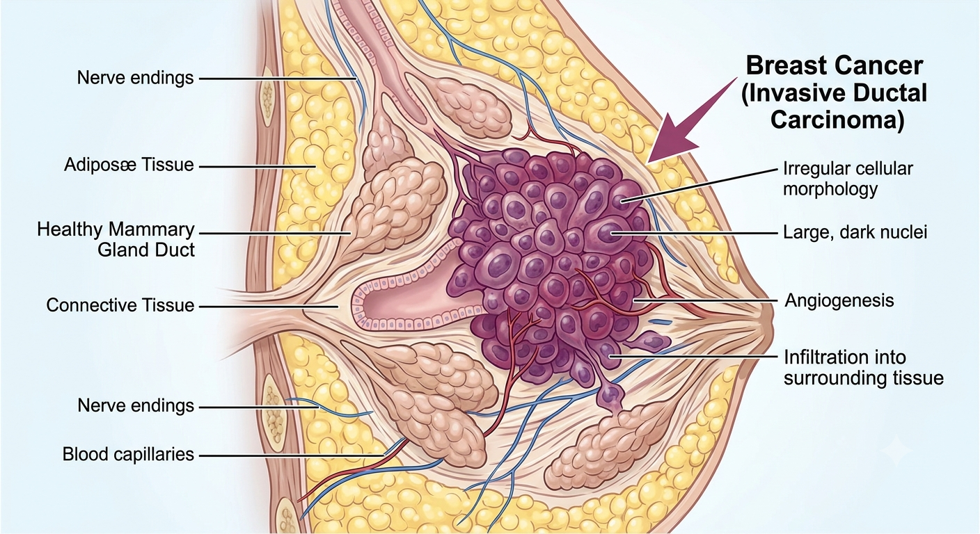 Breast cancer treatment options infographic including chemotherapy, targeted therapy, and surgery